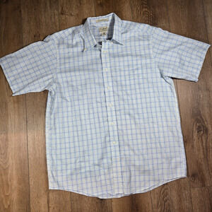 L.L. Bean Plaid Shirt Mens L Blue White Wrinkle Resistant Short Sleeve Casual